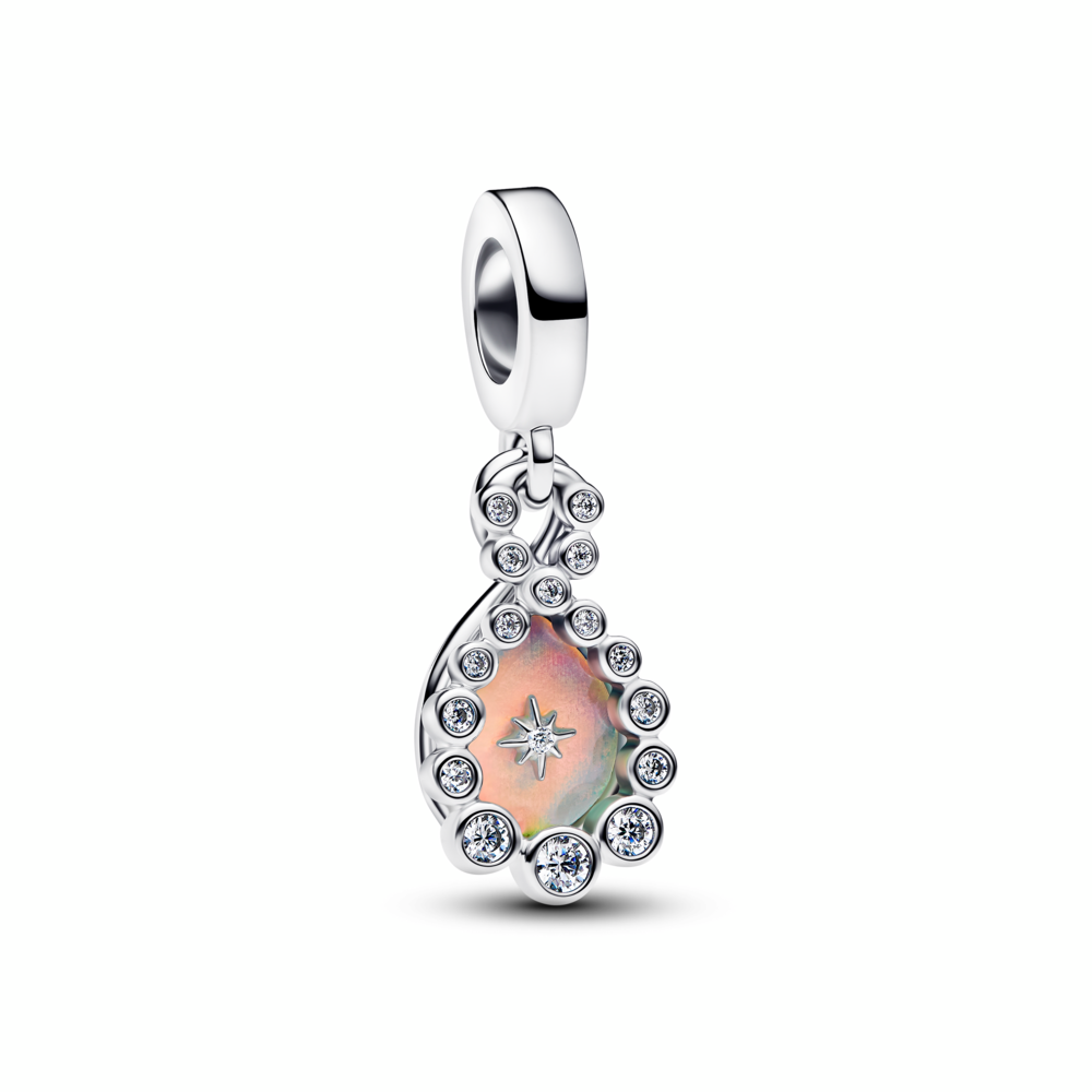 Infinity sterling silver double dangle with clear cubic zirconia and aurora lab-grown opal resin