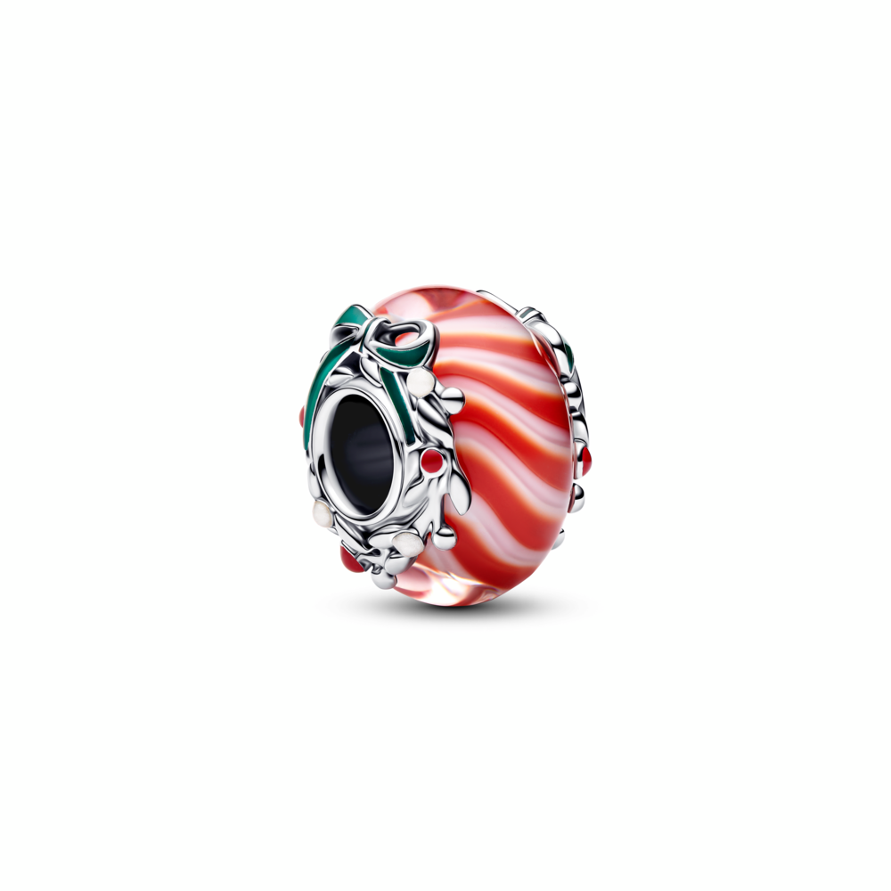 Candy sterling silver charm with red and white Murano glass, shimmering white, red and green enamel