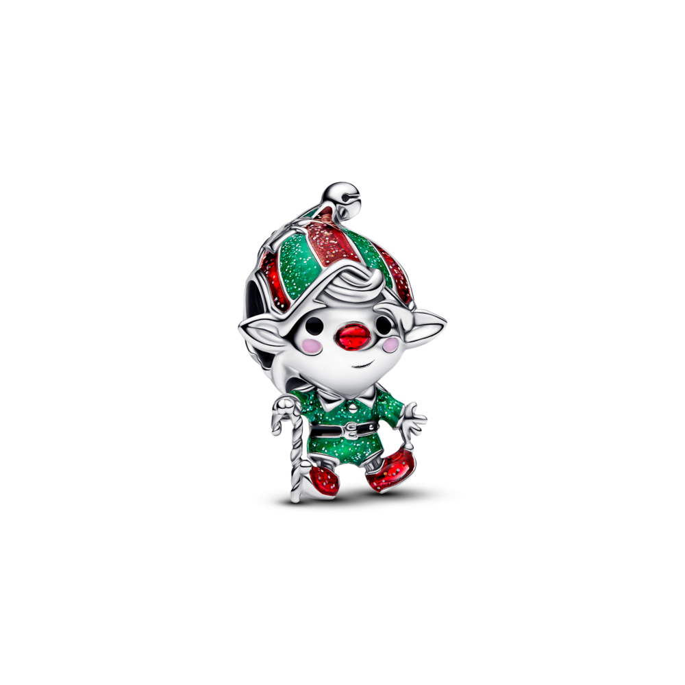 Moveable elf sterling silver charm with glittery red, green, black and pink enamel