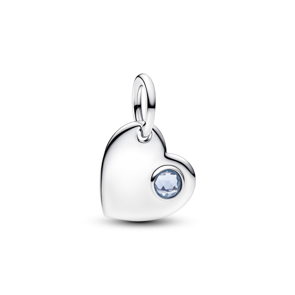 Engravable heart sterling silver dangle with sea aqua blue crystal