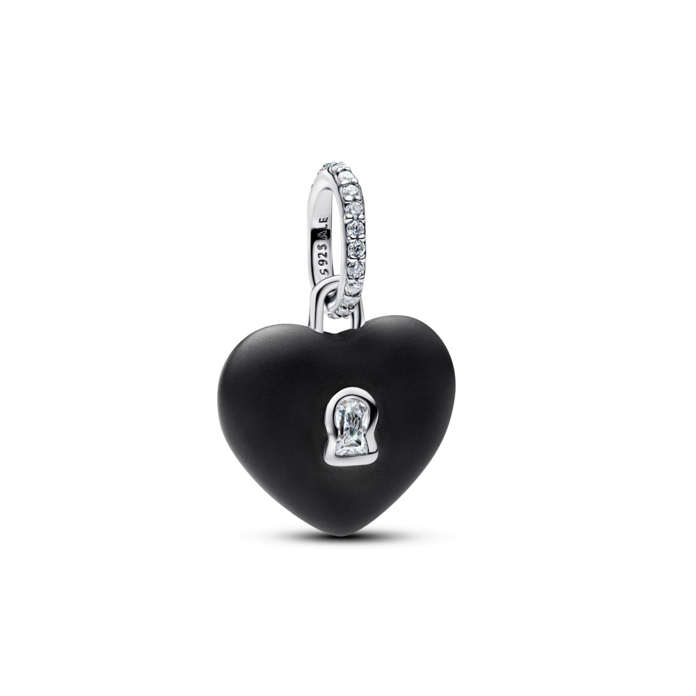 Heart padlock sterling silver dangle with black ceramic and clear cubic zirconia