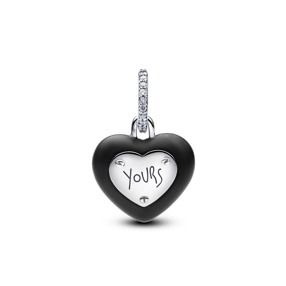 Heart padlock sterling silver dangle with black ceramic and clear cubic zirconia