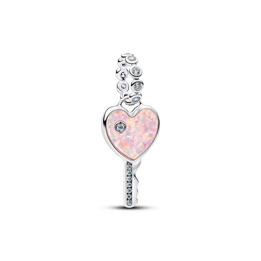 Heart key sterling silver dangle with clear cubic zirconia and lab-created pink opal