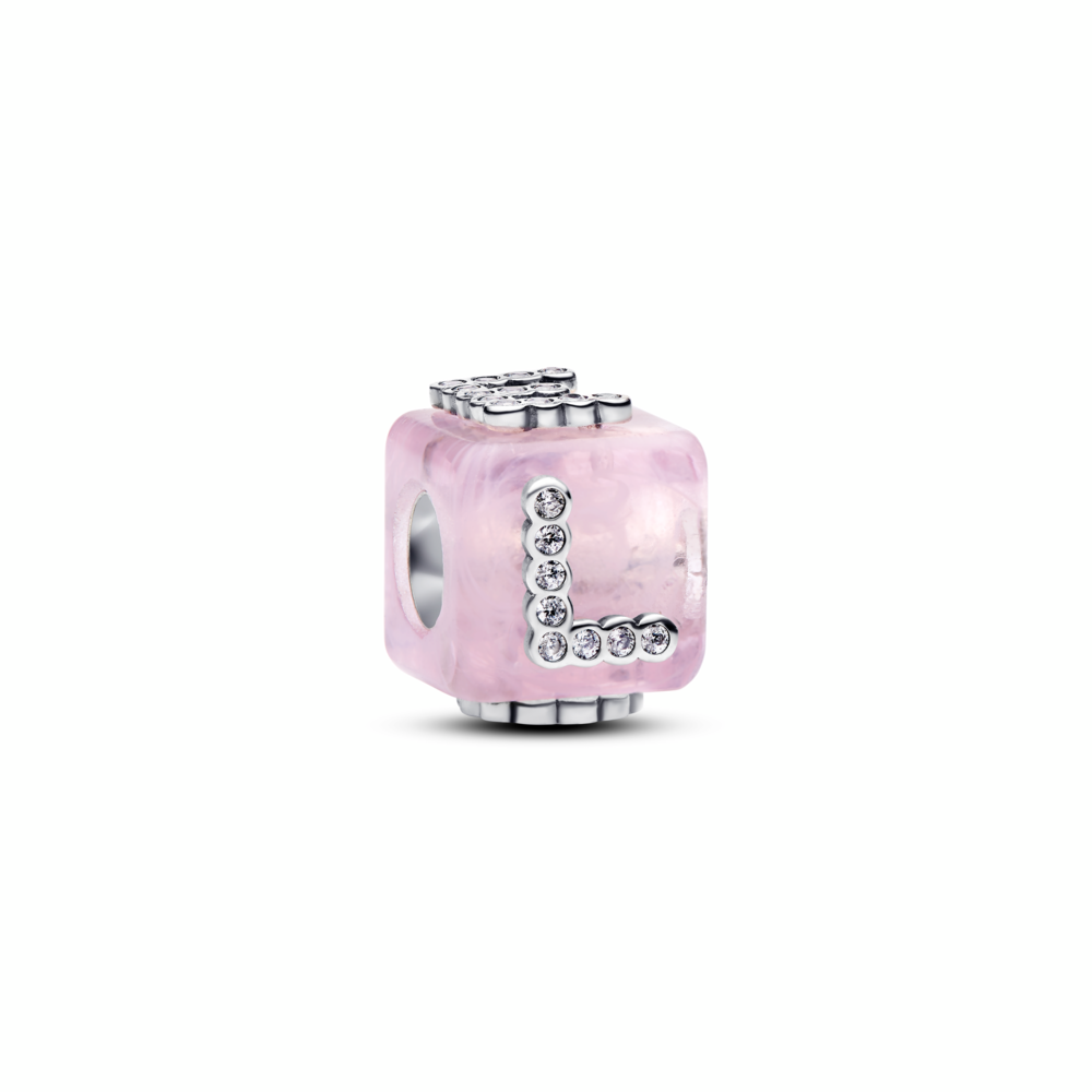 Love cube sterling silver charm with pink Murano glas and  clear cubic zirconia