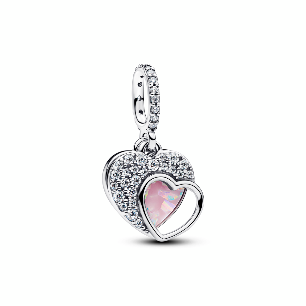 Heart sterling silver double dangle with clear cubic zirconia and pink mosaic lab-created opal and resin