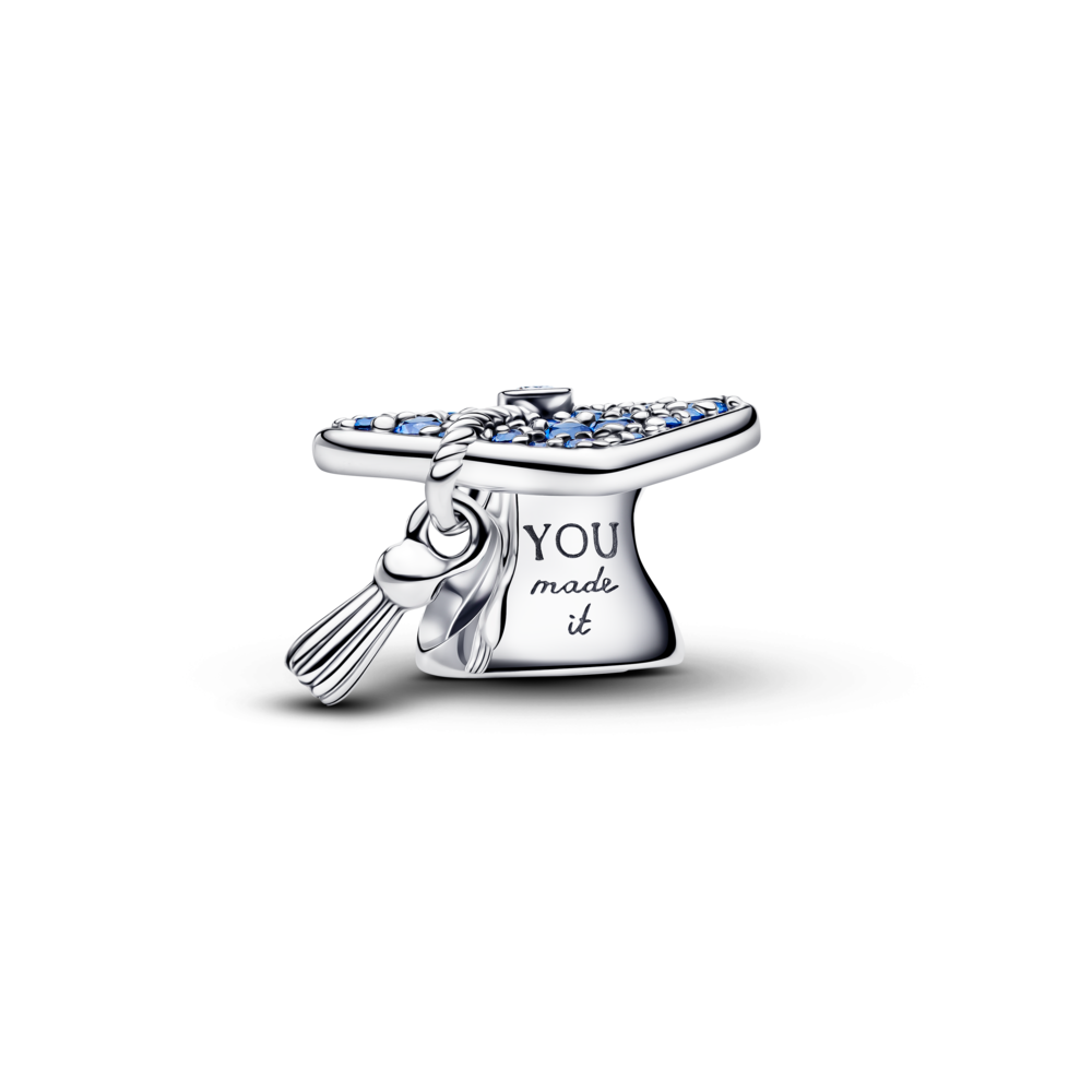 Graduation cap sterling silver charm with stellar blue crystal and clear cubic zirconia