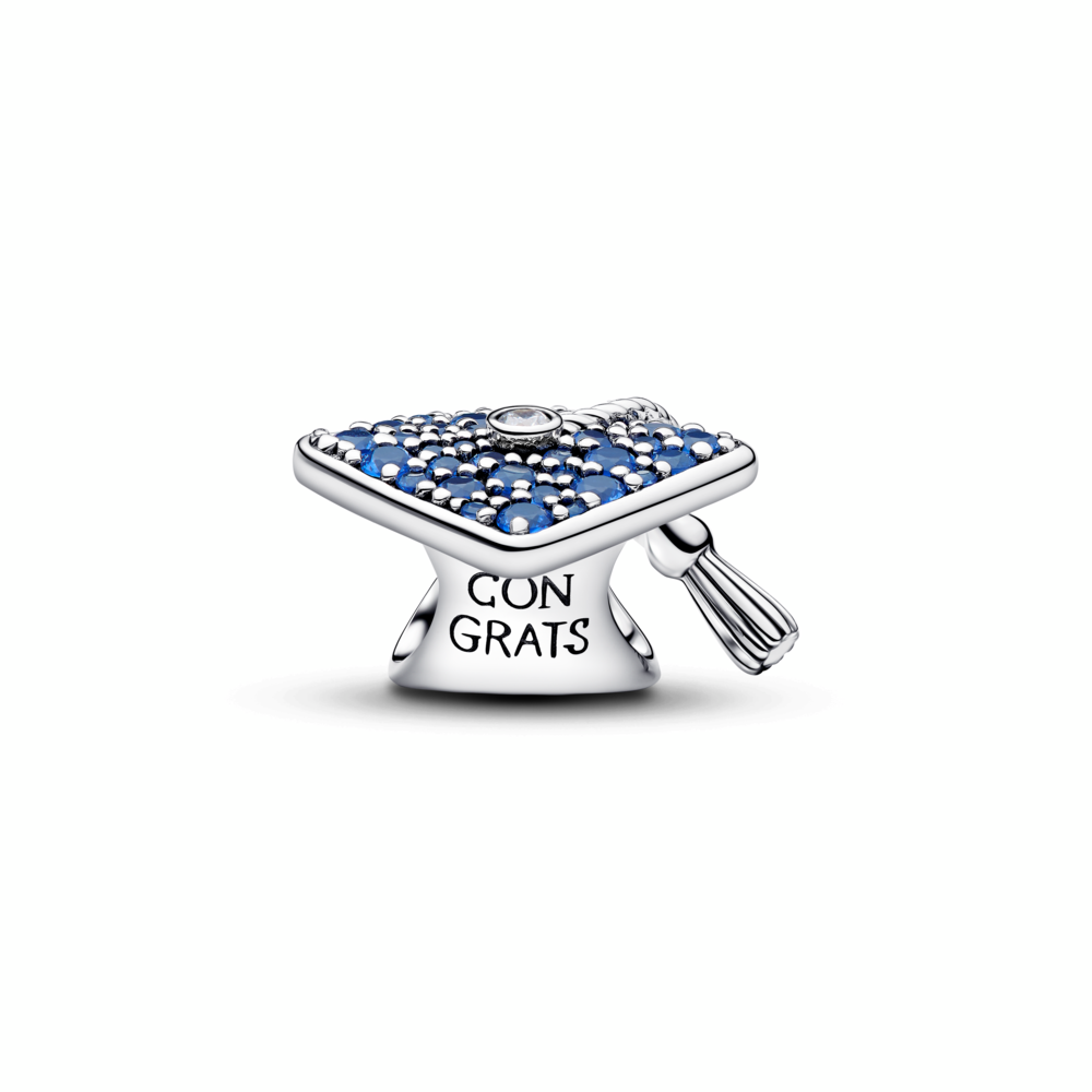 Graduation cap sterling silver charm with stellar blue crystal and clear cubic zirconia
