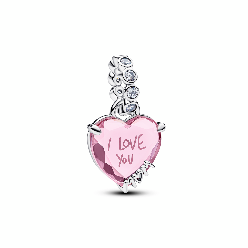 Heart sterling silver dangle with pink and clear cubic zirconia