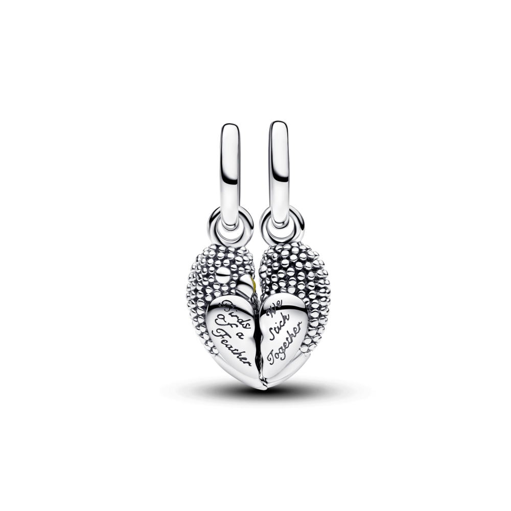 Magnetic love birds sterling silver splittable dangle with royal green crystal, yellow and shaded pink enamel