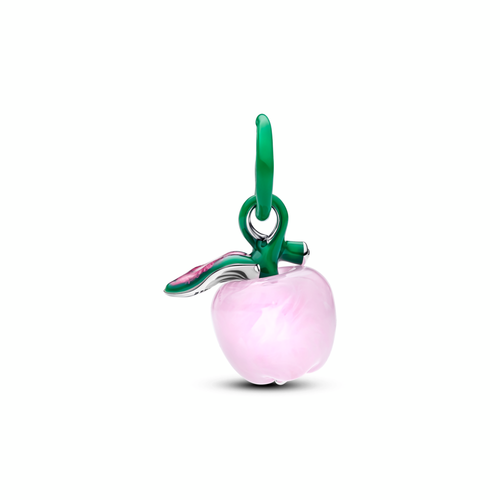 Apple sterling silver dangle with clear cubic zirconia, pink Murano glass, green and pink enamel