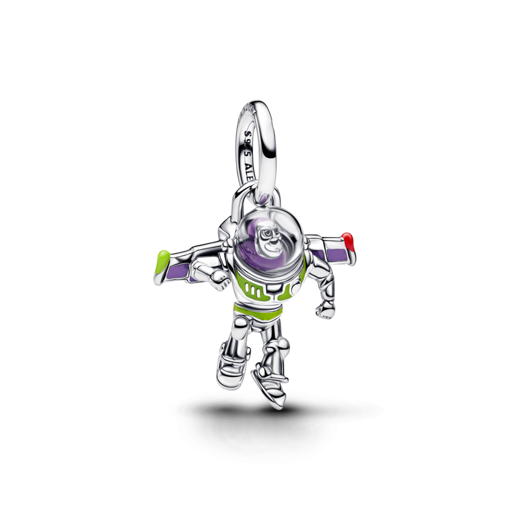 Disney Toy Story Buzz Lightyear sterling silver dangle with red, purple, green enamel and transparent UV resin