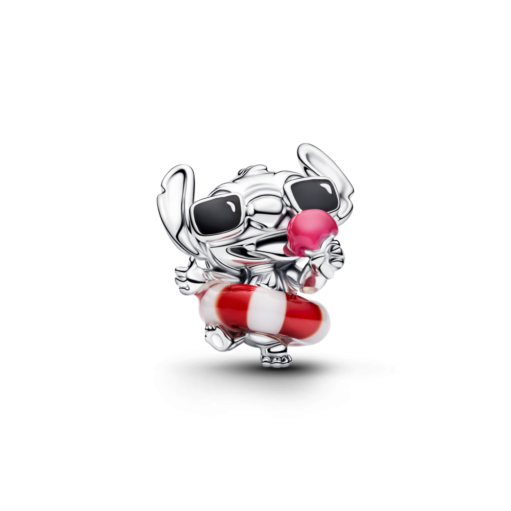Disney Stitch sterling silver charm with white and red Murano glass, black and pink enamel