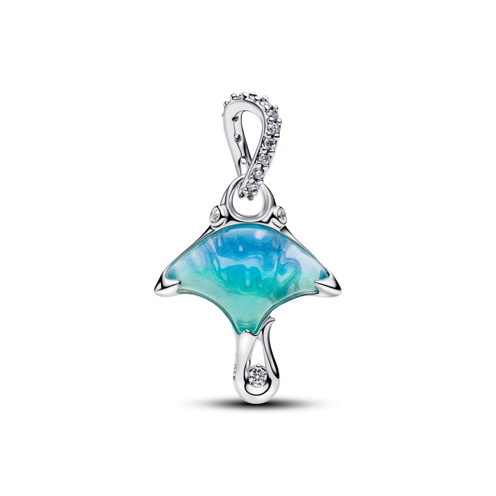Manta sterling silver dangle with clear cubic zirconia, white bioresin man-made mother of pearl, enamel and shaded blue Murano g