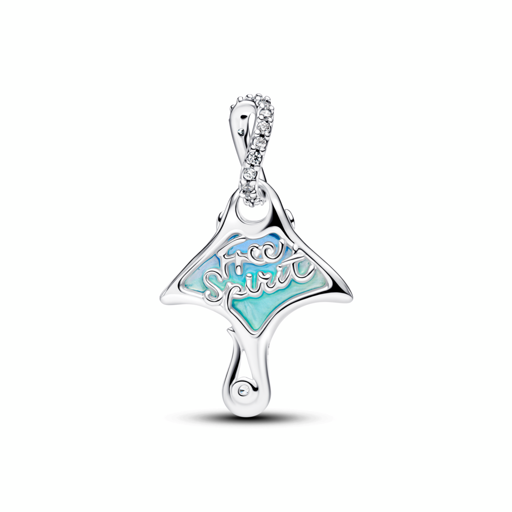 Manta sterling silver dangle with clear cubic zirconia, white bioresin man-made mother of pearl, enamel and shaded blue Murano g
