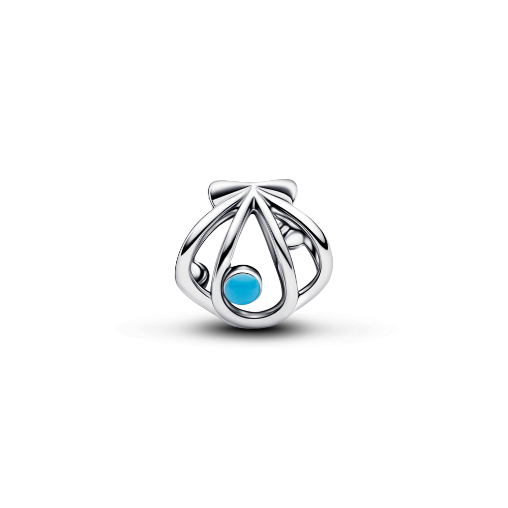 Openwork shell sterling silver charm with blue enamel