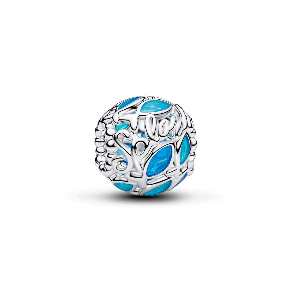 Openwork fish sterling silver charm with transparent blue enamel