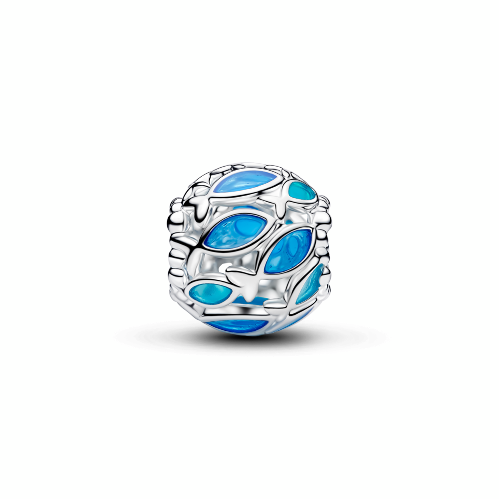 Openwork fish sterling silver charm with transparent blue enamel