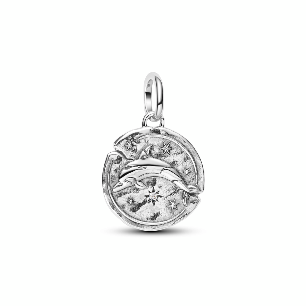 Dolphin sterling silver medallion with clear cubic zirconia