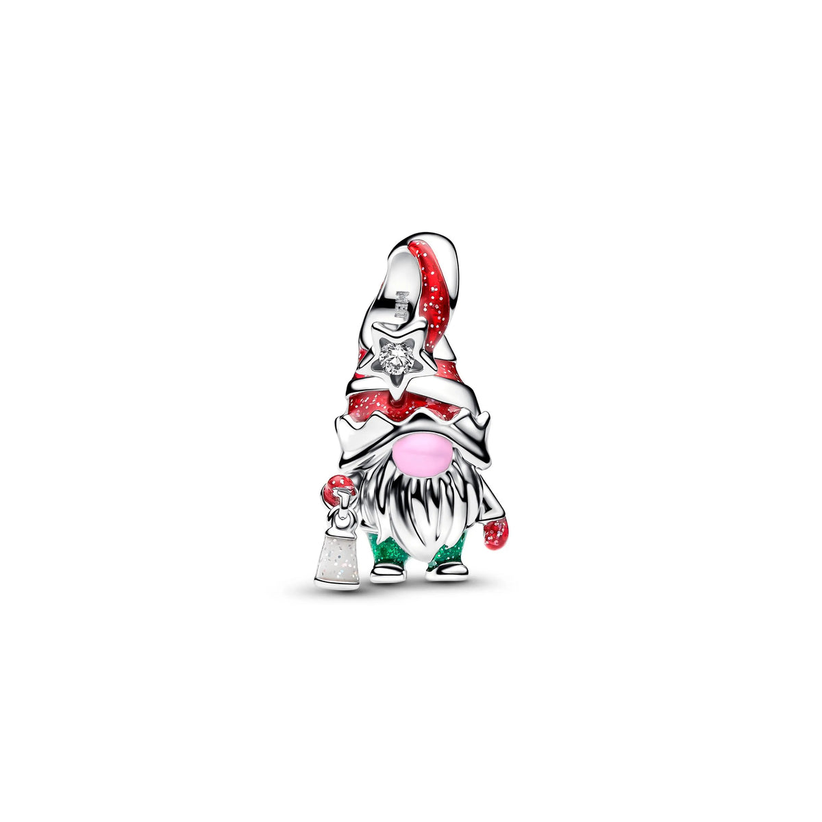 Gnome sterling silver charm with clear cubic zirconia, red, pink and glow in the dark enamel