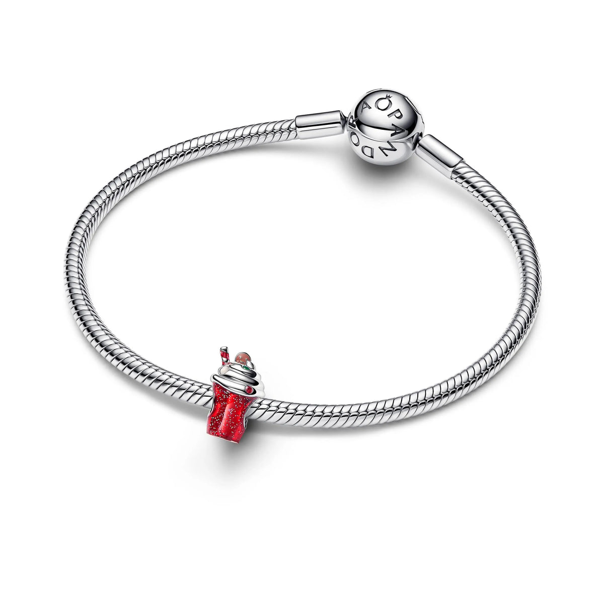 Gingerbread drink sterling silver charm with bioresin man-made mother of pearl, red cubic zirconia, green crystal and enamel