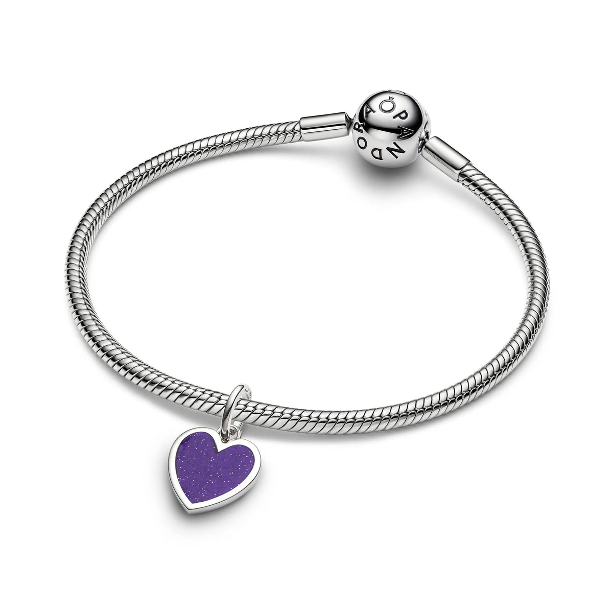 Engravable heart platinum-plated dangle with purple glitter enamel