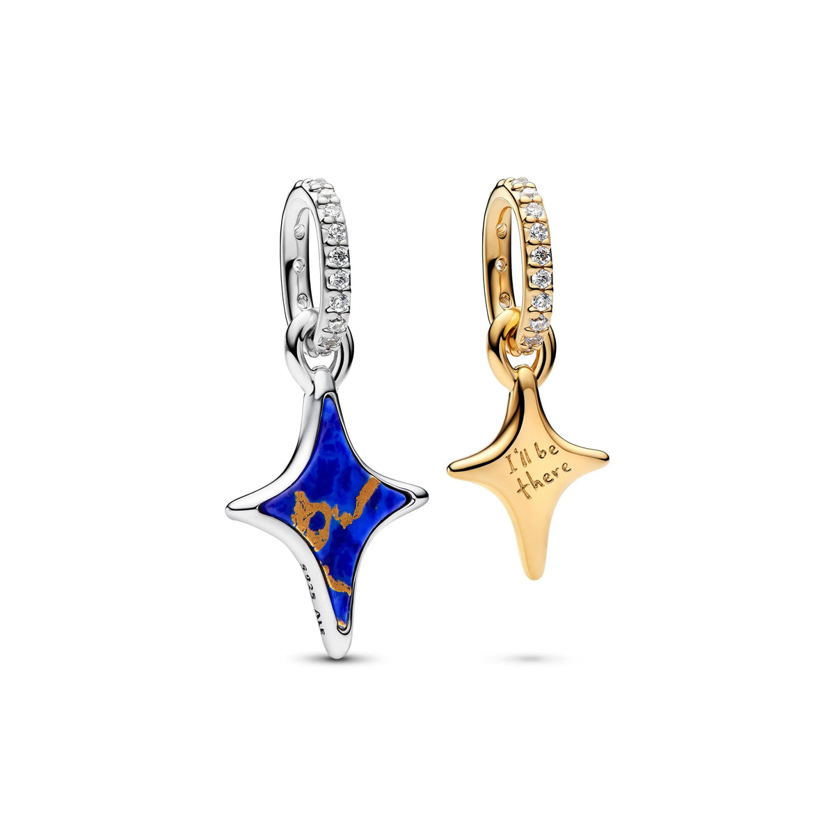 Star duo sterling silver and 14k gold-plated splittable dangle with imitation of lapis lazuli and clear cubic zirconia