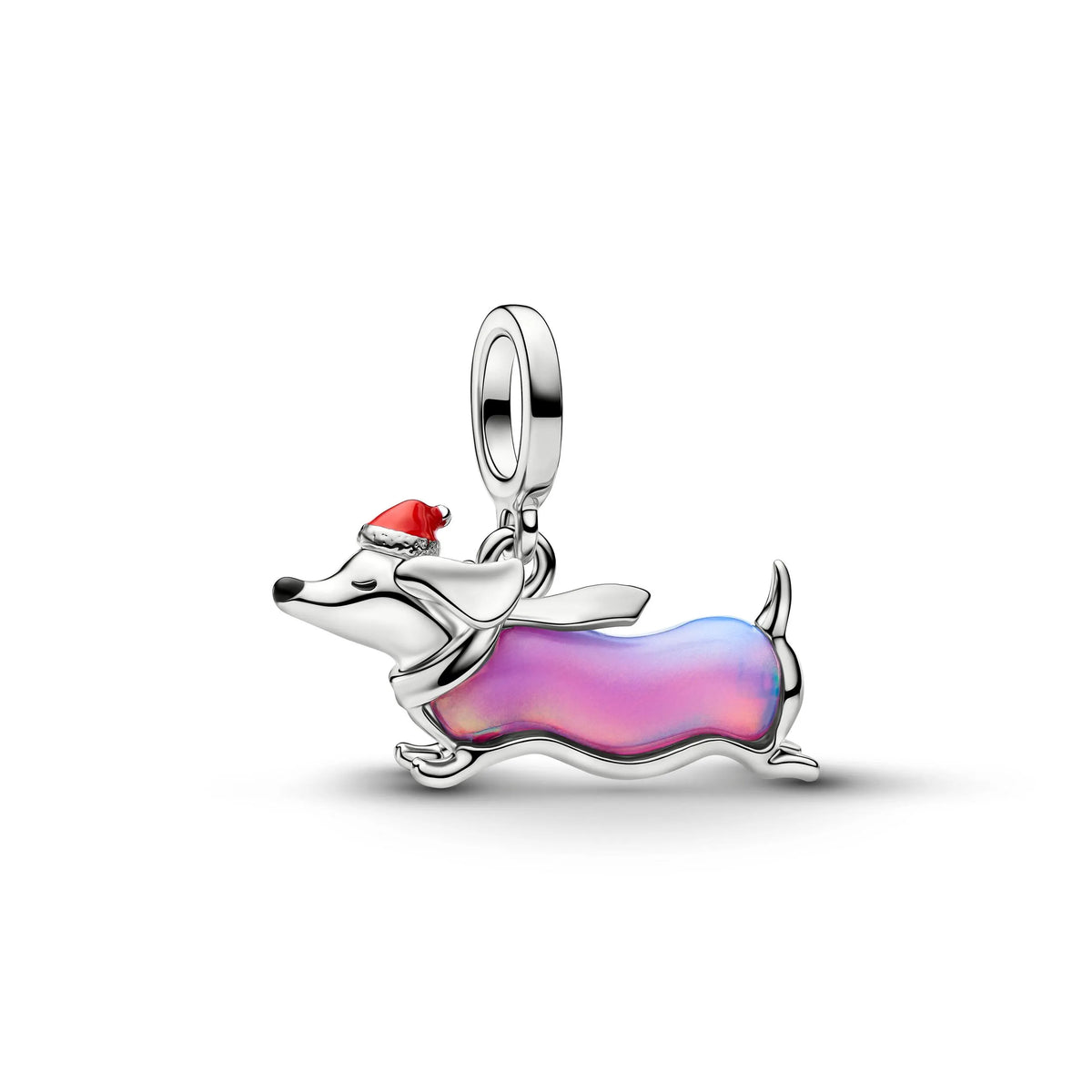 Christmas dachshund platinum-plated dangle with purple lab-created opal, red and black enamel