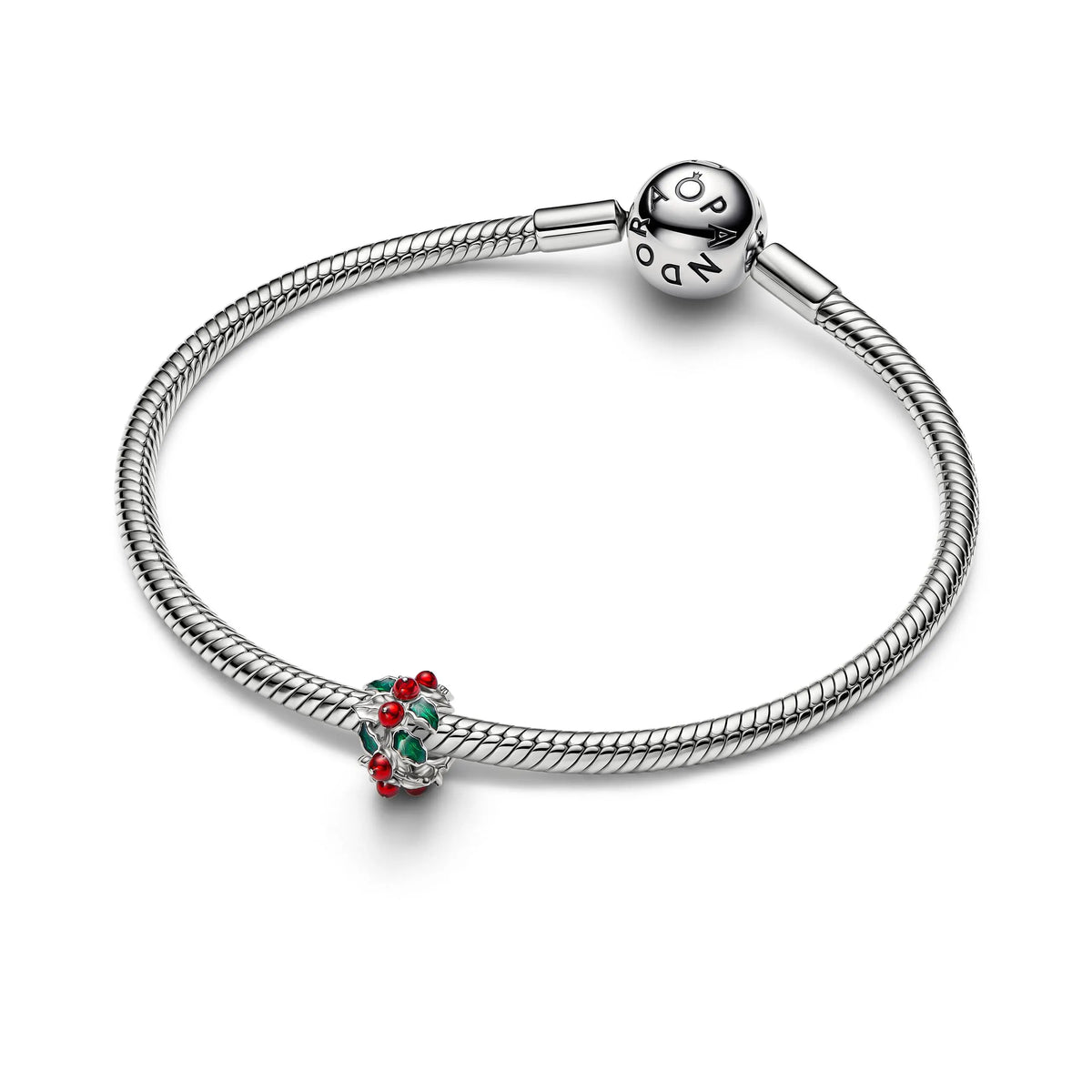 Christmas holly platinum-plated charm with red and green enamel