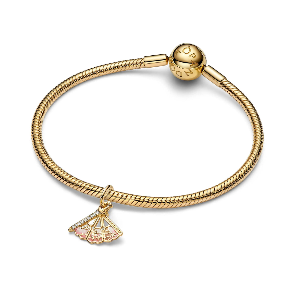 Disney Mulan fan 14k gold-plated dangle with clear cubic zirconia and pink enamel