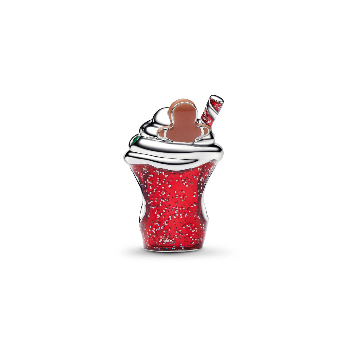 Gingerbread drink sterling silver charm with bioresin man-made mother of pearl, red cubic zirconia, green crystal and enamel