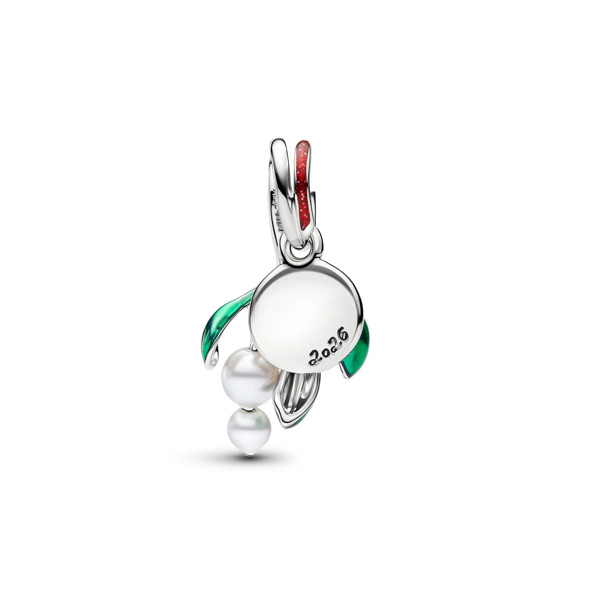 Mistletoe platinum-plated double dangle with lacquered artificial pearl, red and green enamel