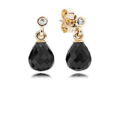 Earrings in 14k with clear cubic zirconia and faceted black crystal