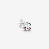 Cherries stud earring in sterling silver with cerise  and royal green crystal