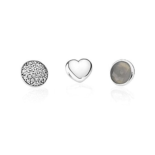 June petite elements pack in silver with heart, pave droplet with clear CZ and grey moonstone droplet