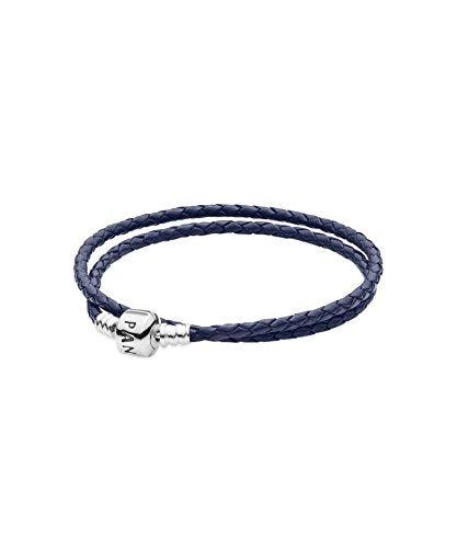 Silver leather bracelet, double dark blue