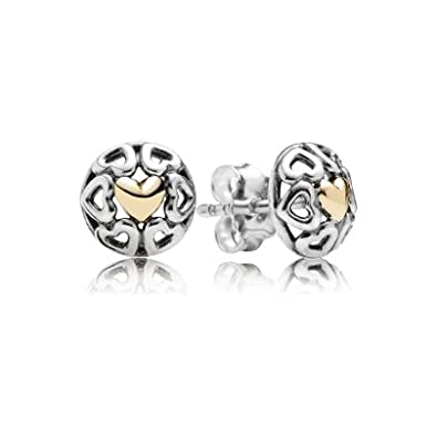 Openwork hearts silver stud earrings with 14k heart
