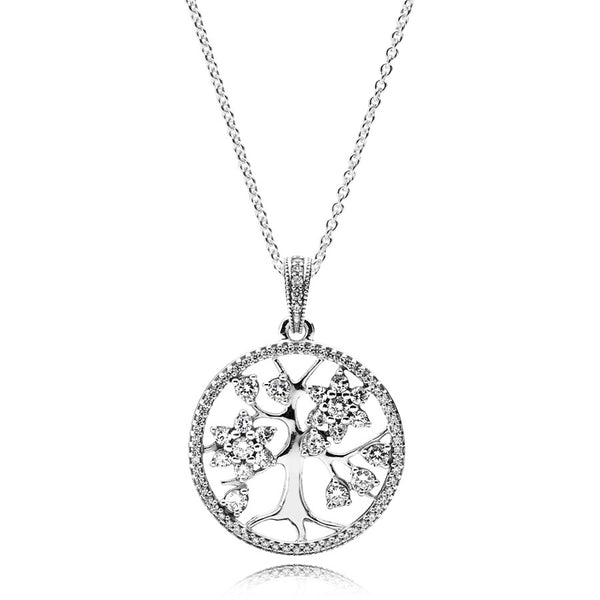 Family tree silver pendant with clear cubic zirconia and necklace