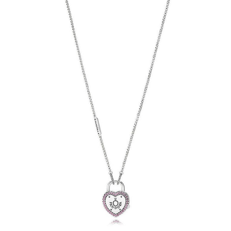 Heart padlock silver pendant with fancy fuchsia pink cubic zirconia and necklace