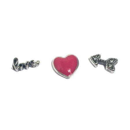 Petite elements pack in silver with heart with magenta enamel, arrow with clear CZ and love script with clear CZ