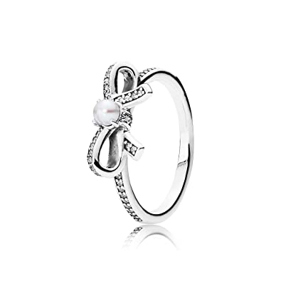 Bow silver ring with freshwater cultured pearl and clear cubic zirconia