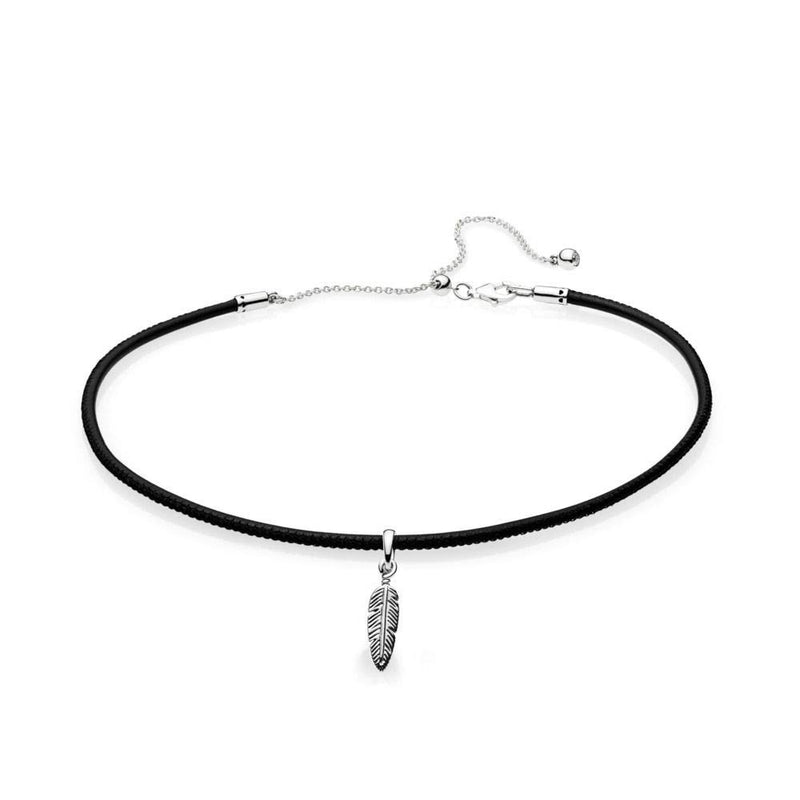 Feather pendant and choker with black leather and clear cubic zirconia