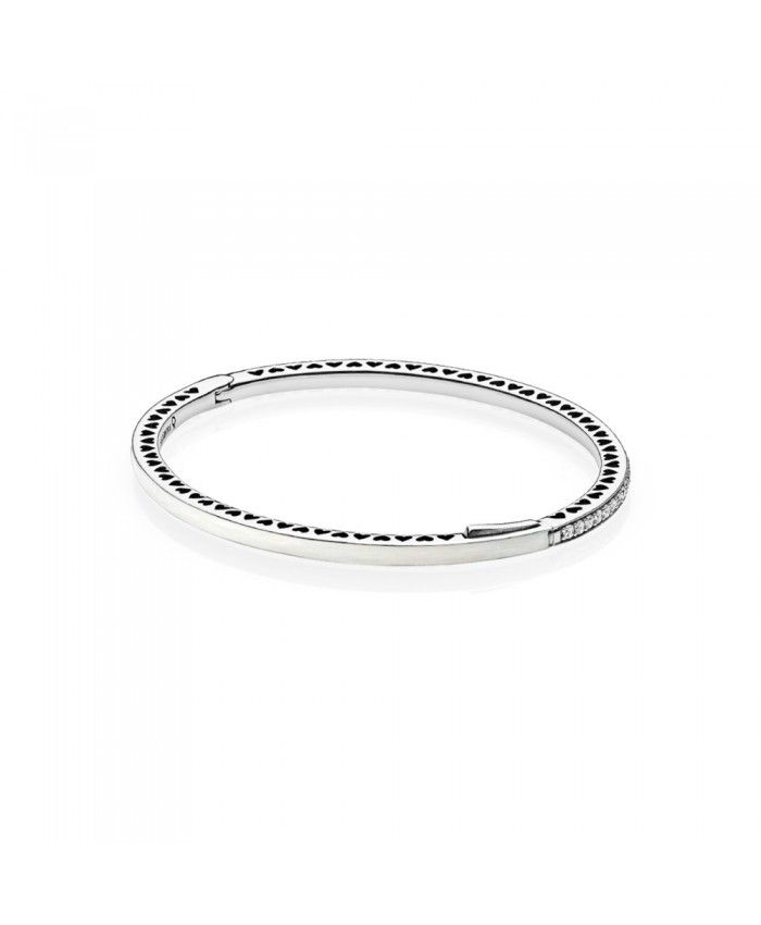 Silver bangle with silver enamel and clear cubic zirconia