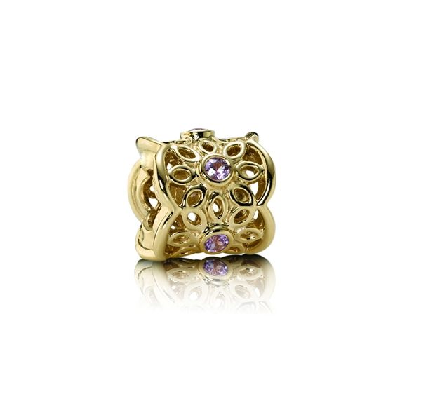 Openwork lace flower gold charm with pink sapphire