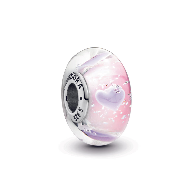 Heart silver charm with iridescent, pink, white, purple, transparent Murano glass and clear cubic zirconia