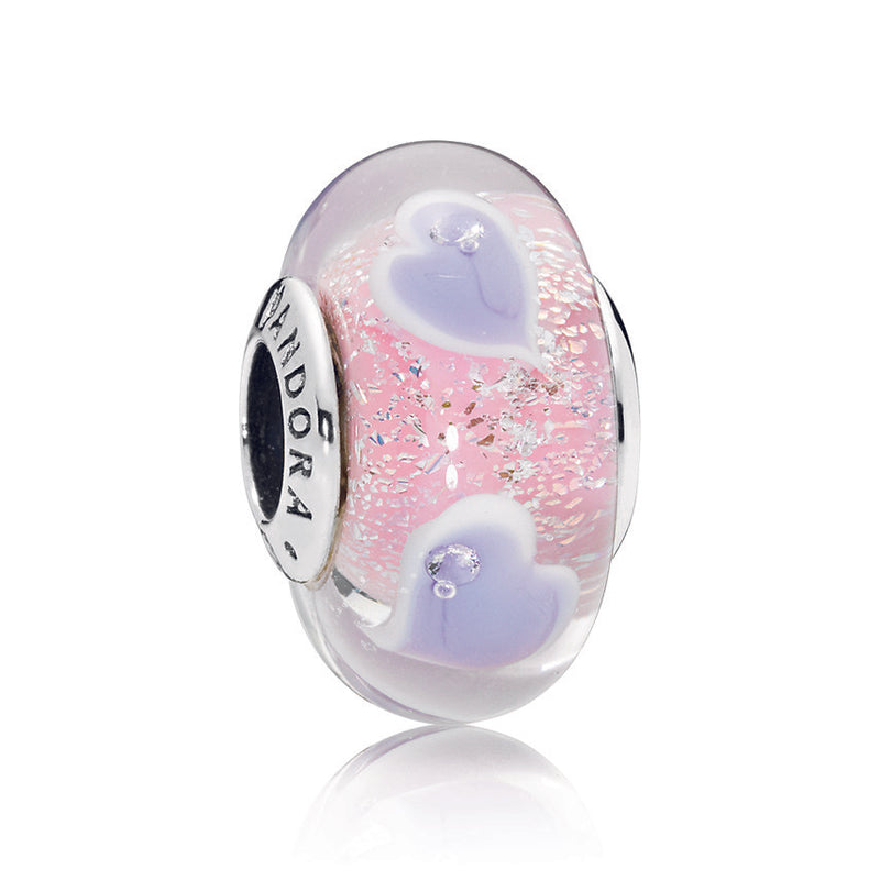 Heart silver charm with iridescent, pink, white, purple, transparent Murano glass and clear cubic zirconia