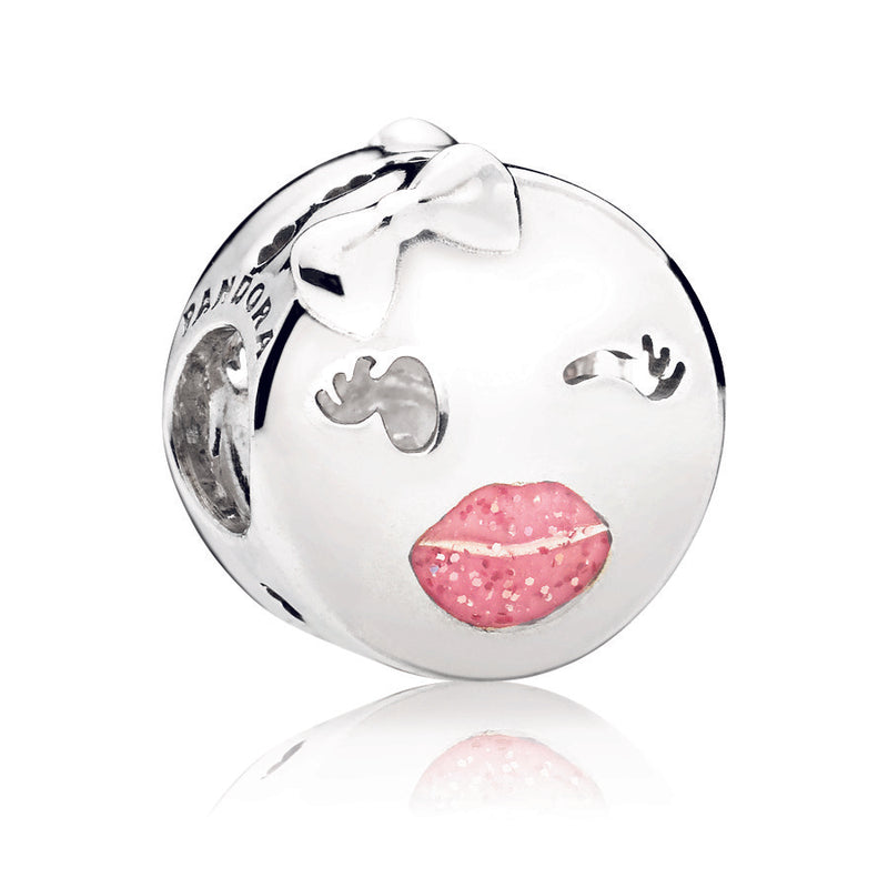 Winking emoticon silver charm with pink enamel
