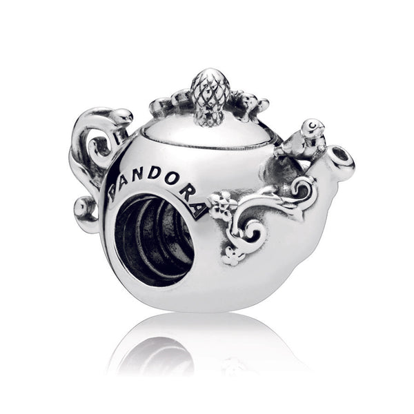 Teapot silver charm with clear cubic zirconia and pink enamel