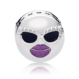 Emoticon silver charm with purple and black enamel and clear cubic zirconia