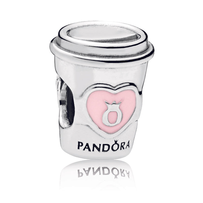 Coffee cup silver charm with pink enamel