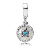Compass rose silver dangle with silver enamel and cyan blue crystal